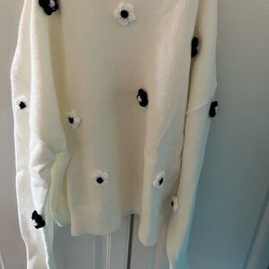 Nanette Lepore Cream Sweater with Black and White Floral Accents